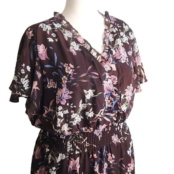 Lane Bryant Brown Floral Sleeve Flutter Bohemian Chiffon Maxi Dress Size 22/24W - Picture 3 of 13